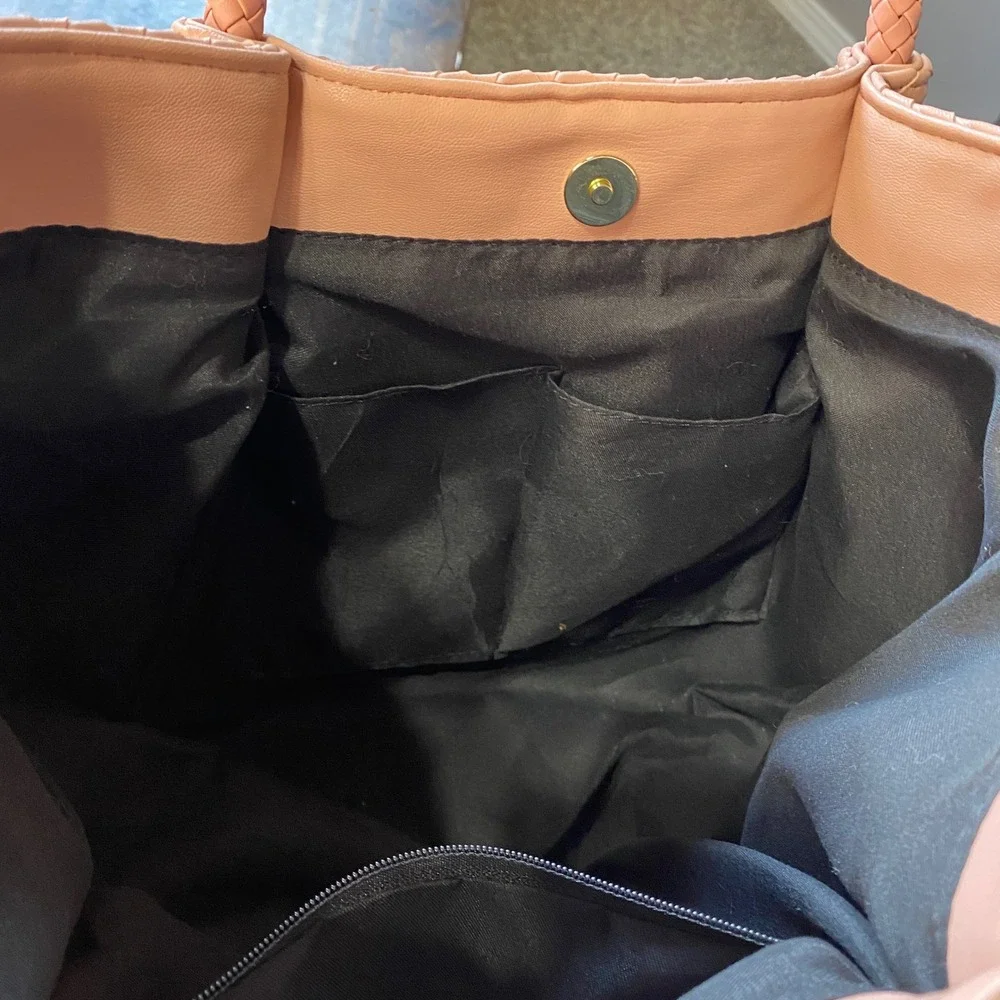LuLu Dharma Woven Vegan Leather Tote Bag Blush Pink Braided Handle Shoulder‎ Bag